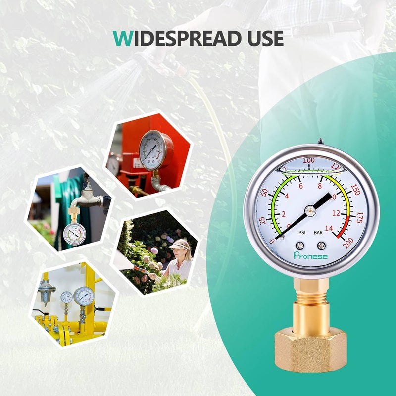 Pronese Stainless Steel Water Test Pressure Gauge Set 2" Dial Size, Lower Mount with Liquid Filled 0~200PSI(Color Coded), 3/4" GHT with Red Washer - Image 5